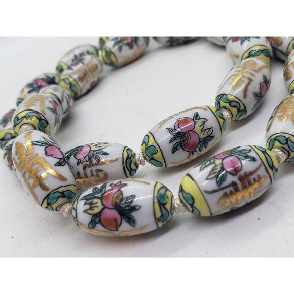 Vintage Chinese Import Porcelain Bead Necklace Hand Painted Gold Clasp Floral - Picture 6 of 9